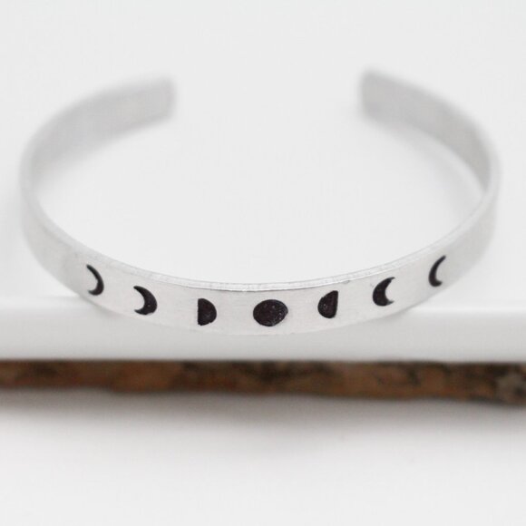 Moon Phases Bangle - Hand Stamped Anodized Aluminum Bangle - Adjustable - Picture 8 of 11